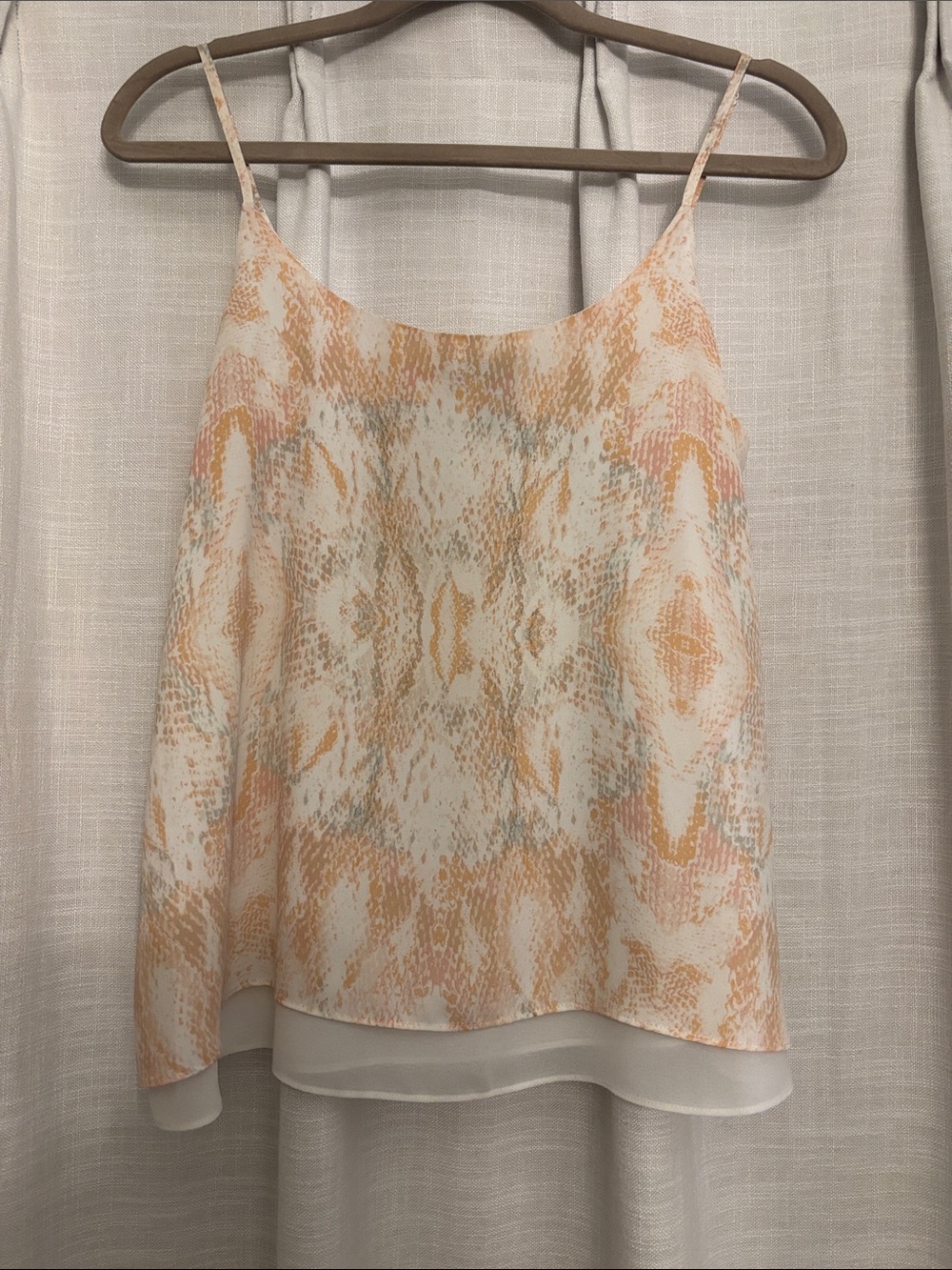 Rachel Zoe Sheer Printed Peach & Cream Tone Snakeskin Print Top, Size Small
